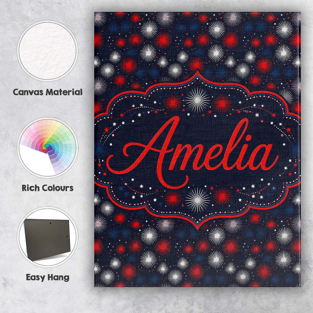 Personalised Name Red White Blue Fireworks Custom Unique Gift Idea Elegant Feature Canvas Wall Art Print Decor Picture Ready to Hang