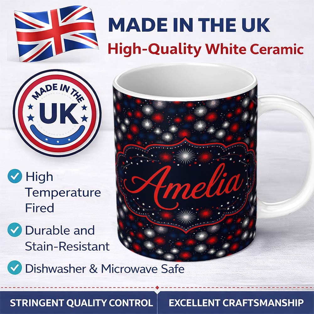 Personalized Custom Name Red White Blue Fireworks Seamless Pattern Festive Celebration 11oz Ceramic Coffee Tea Mug White Large Handle