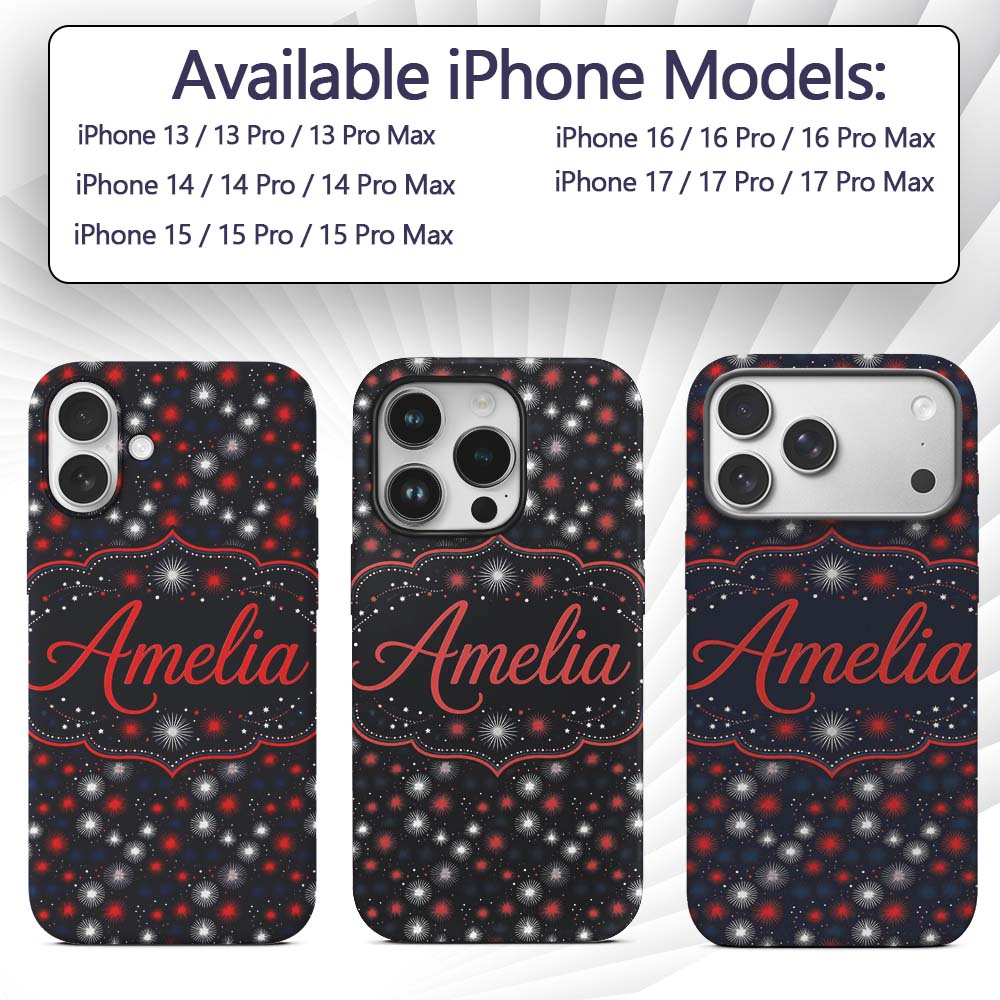Red White Blue Fireworks Seamless Pattern Festive Custom Name Protective Phone Case Mobile Cover Durable Everyday Smartphone Shock Resistant