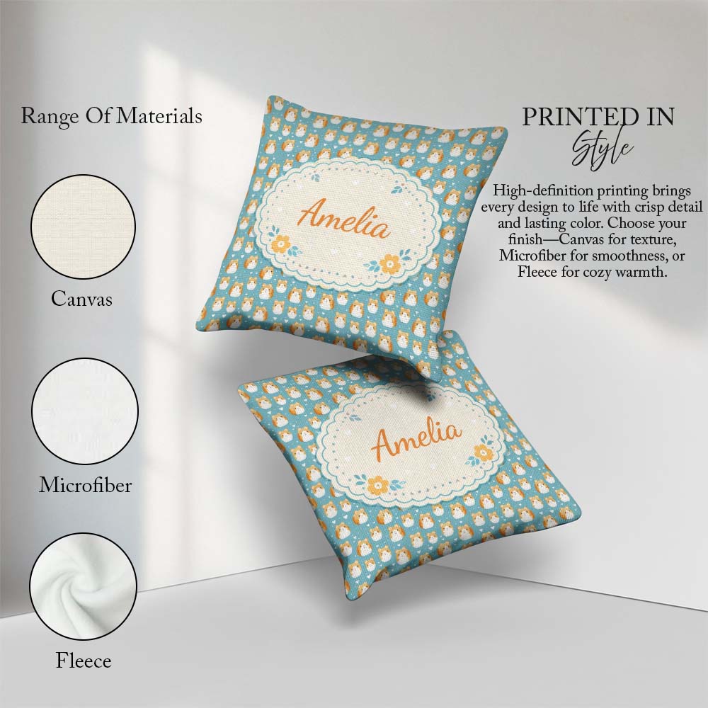 Custom Name Cute Hamster Cartoon Blue Heart Pattern Seamless Square Filled Cushion Throw Pillow Sofa Bed Home Decor Zip Washable UK Made