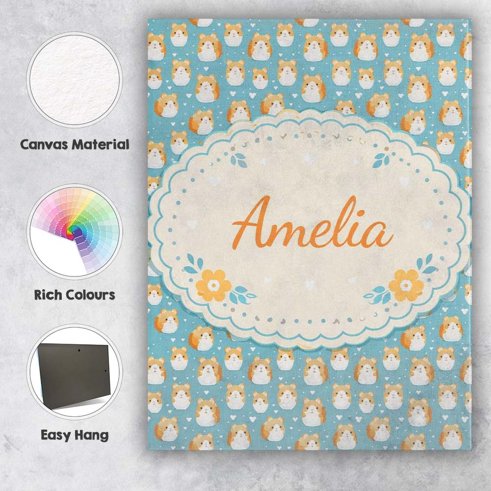 Personalised Name Cute Hamster Cartoon Blue Heart Pattern Seamless Custom Unique Canvas Wall Art Print Decor Picture Ready to Hang