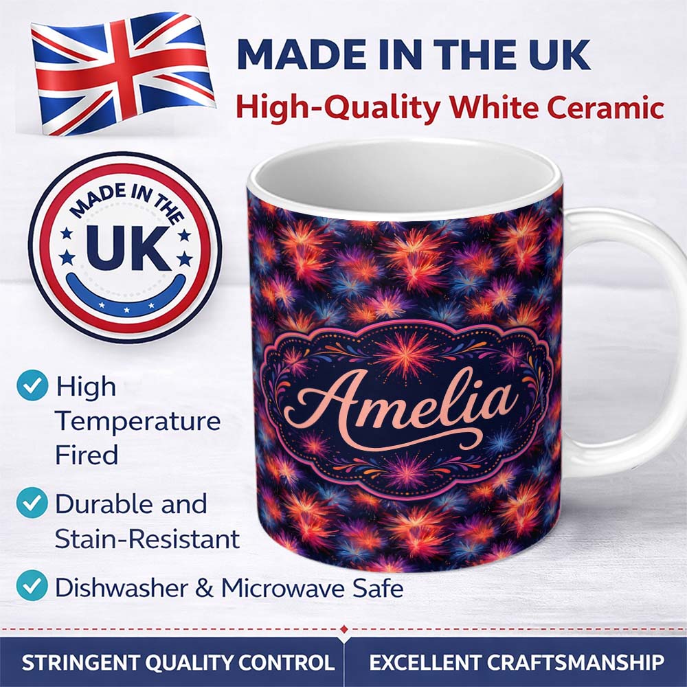 Personalized Custom Name Bright Multicolor Fireworks Seamless Pattern Night Sky Celebration 11oz Ceramic Coffee Tea Mug White Large Handle