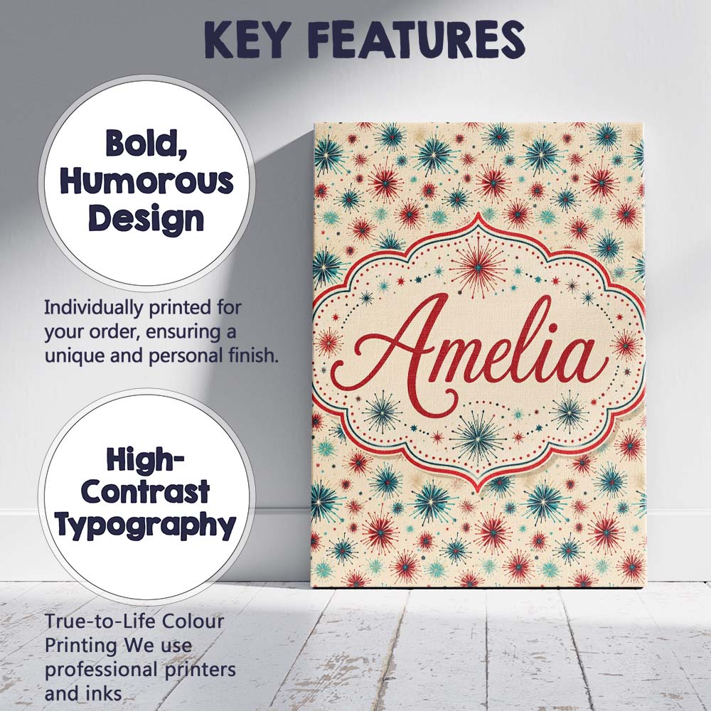 Personalised Name Red Blue Starburst Custom Premium Decorative Design Modern Room Accent Canvas Wall Art Print Decor Picture Ready to Hang
