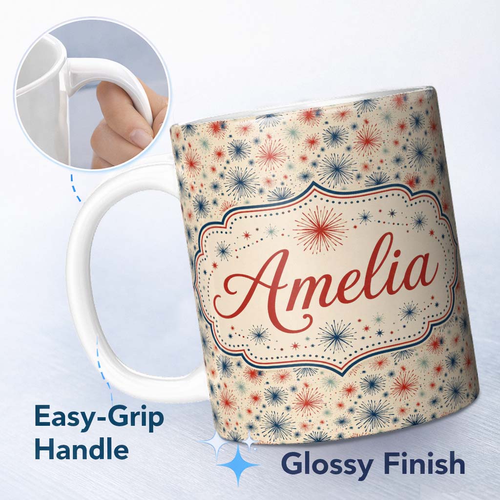 Personalized Custom Name Red Blue Patriotic Fireworks Burst Seamless Pattern Festive 11oz Ceramic Coffee Tea Mug White Large Handle