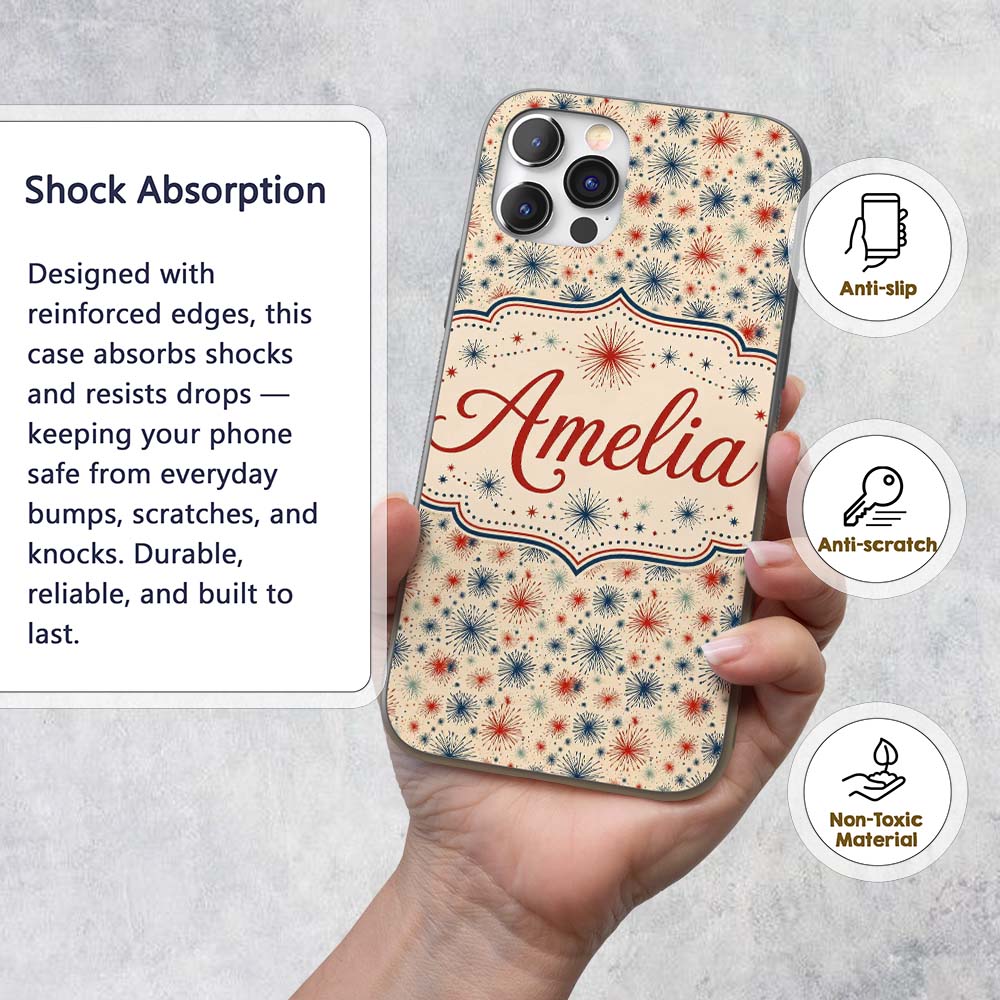Red Blue Patriotic Fireworks Burst Printed Design Custom Name Protective Phone Case Mobile Cover Durable Everyday Smartphone Shock Resistant