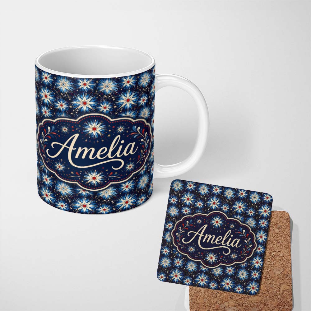 Personalized Custom Name Blue White Starburst Floral Firework Seamless Pattern Celebration 11oz Ceramic Coffee Tea Mug White Large Handle