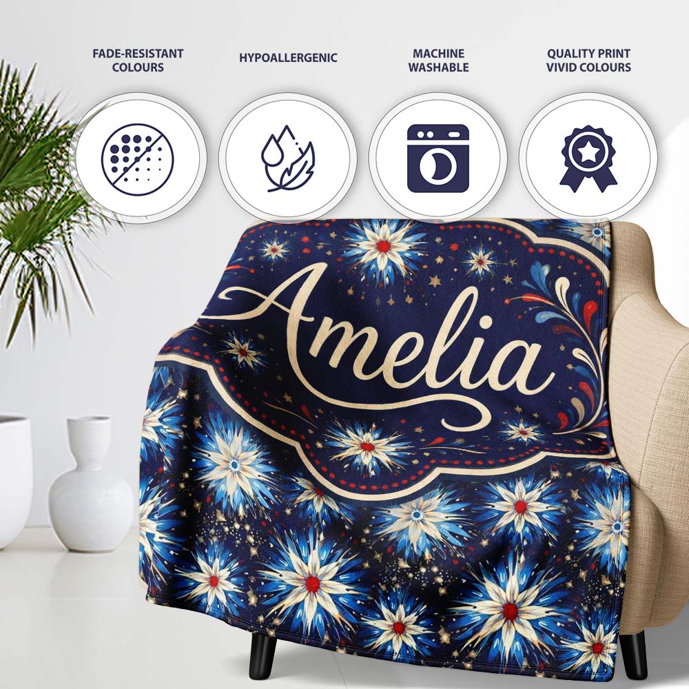 Blue White Starburst Floral Firework Seamless Pattern Celebration Personalised Custom Name Super Soft Fleece Blanket Bed Sofa Throw
