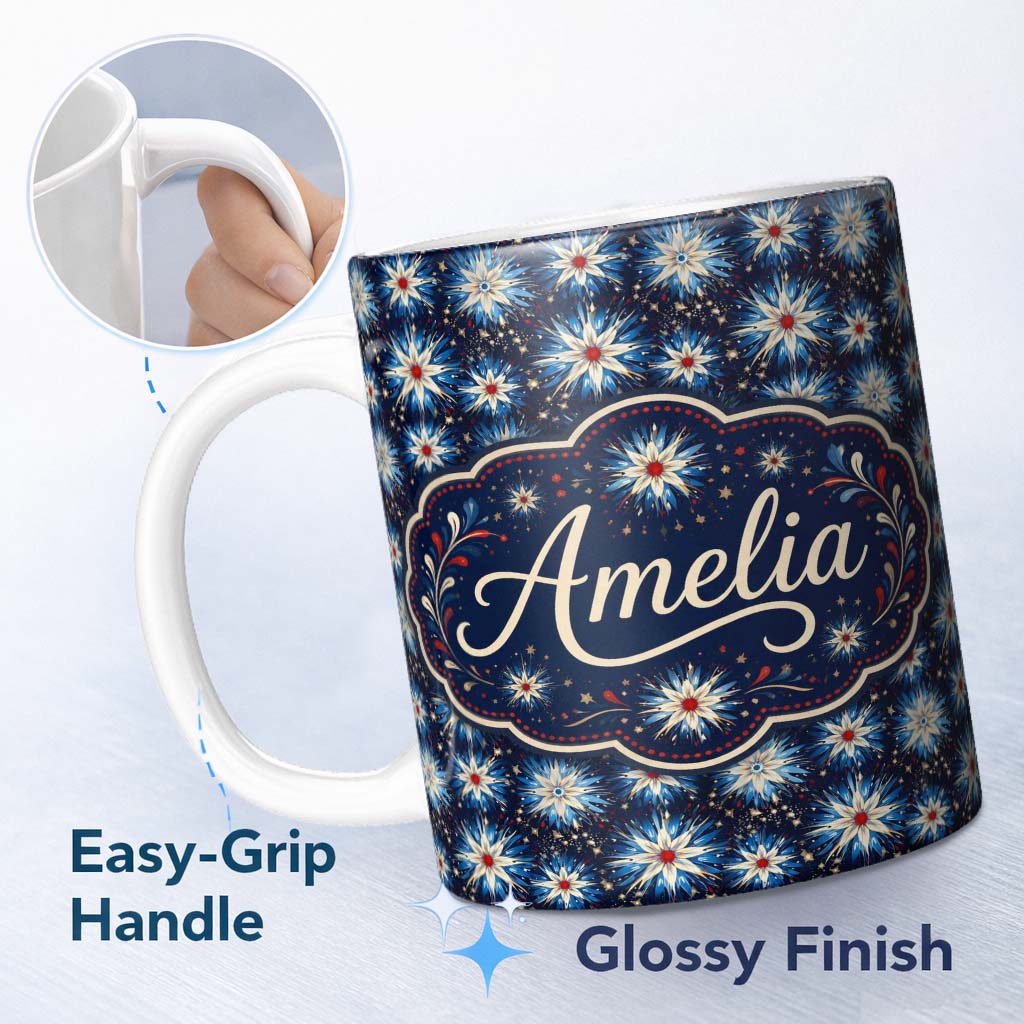 Personalized Custom Name Blue White Starburst Floral Firework Seamless Pattern Celebration 11oz Ceramic Coffee Tea Mug White Large Handle