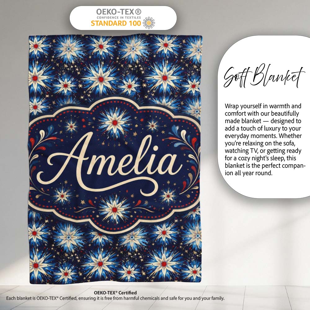 Blue White Starburst Floral Firework Seamless Pattern Celebration Personalised Custom Name Super Soft Fleece Blanket Bed Sofa Throw