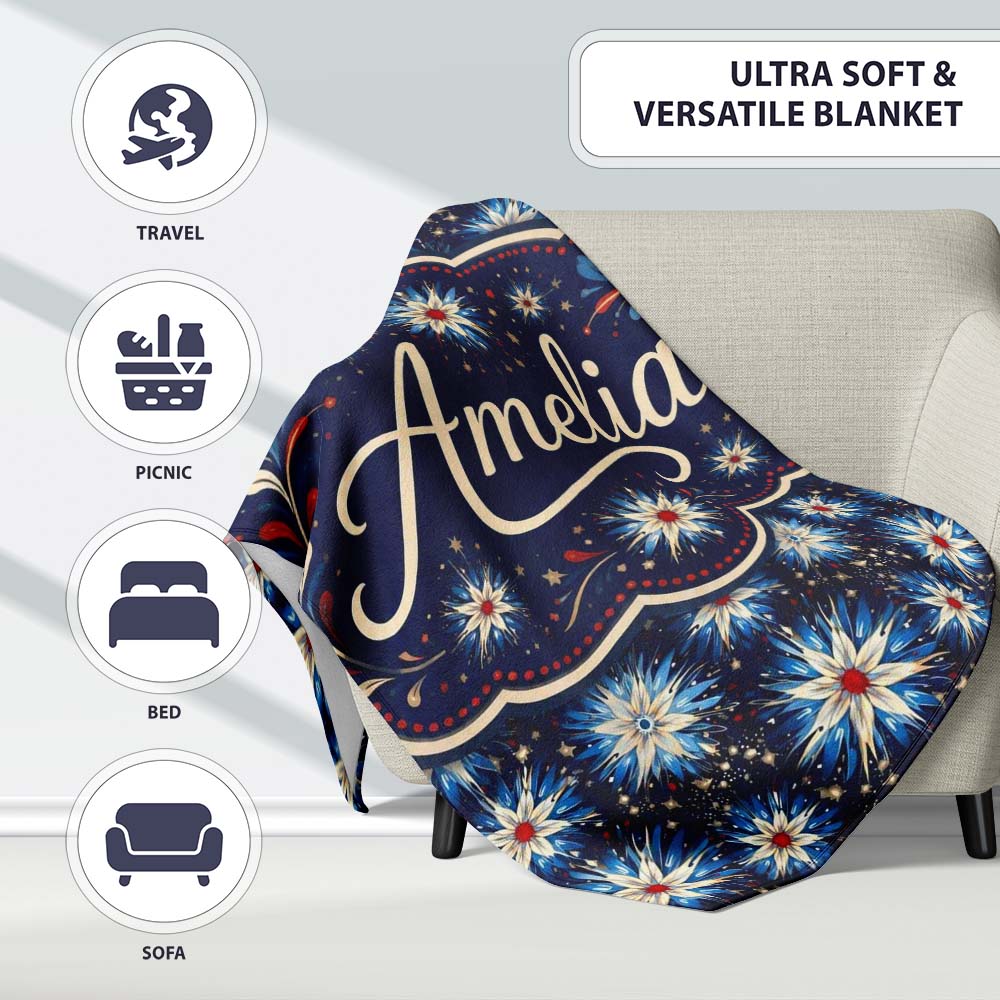 Blue White Starburst Floral Firework Seamless Pattern Celebration Personalised Custom Name Super Soft Fleece Blanket Bed Sofa Throw