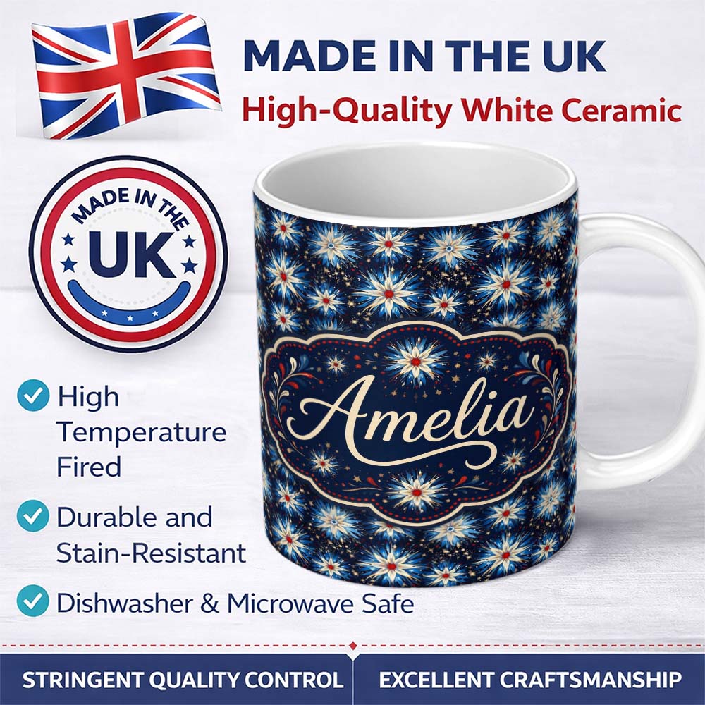 Personalized Custom Name Blue White Starburst Floral Firework Seamless Pattern Celebration 11oz Ceramic Coffee Tea Mug White Large Handle