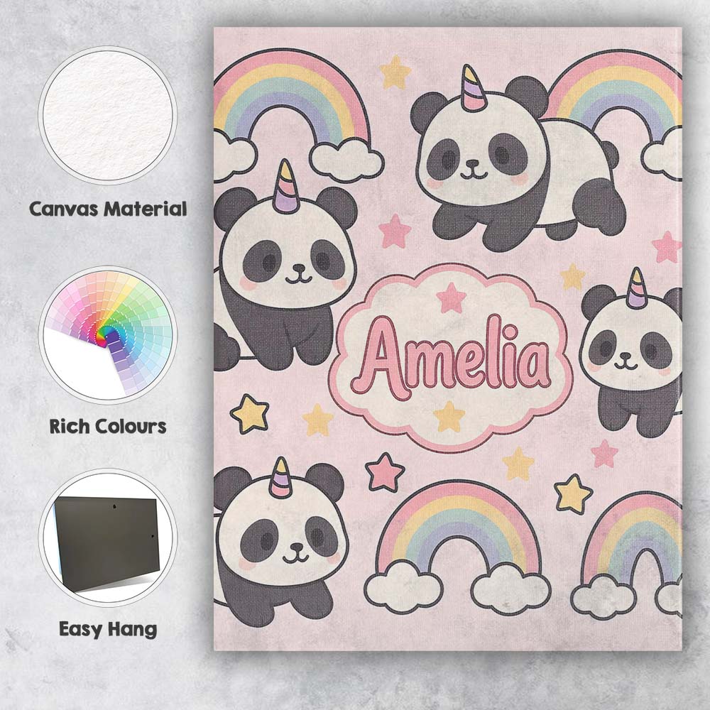Personalised Name Cute Panda Unicorn Cartoon Animal Pattern Beautiful Custom Home Unique Canvas Wall Art Print Decor Picture Ready to Hang