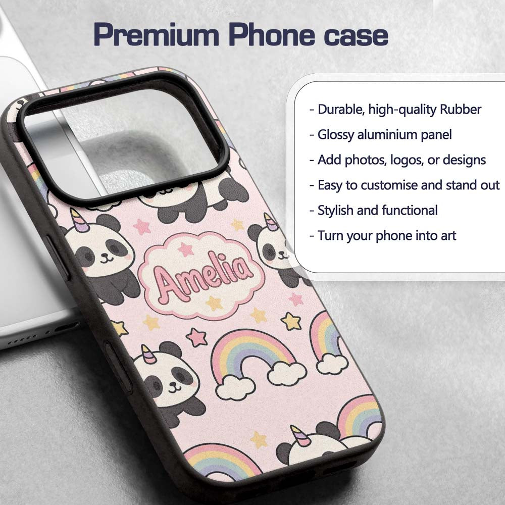 Cute Panda Unicorn Cartoon Animal Printed Design Custom Name Protective Phone Case Mobile Cover Durable Everyday Smartphone Shock Resistant