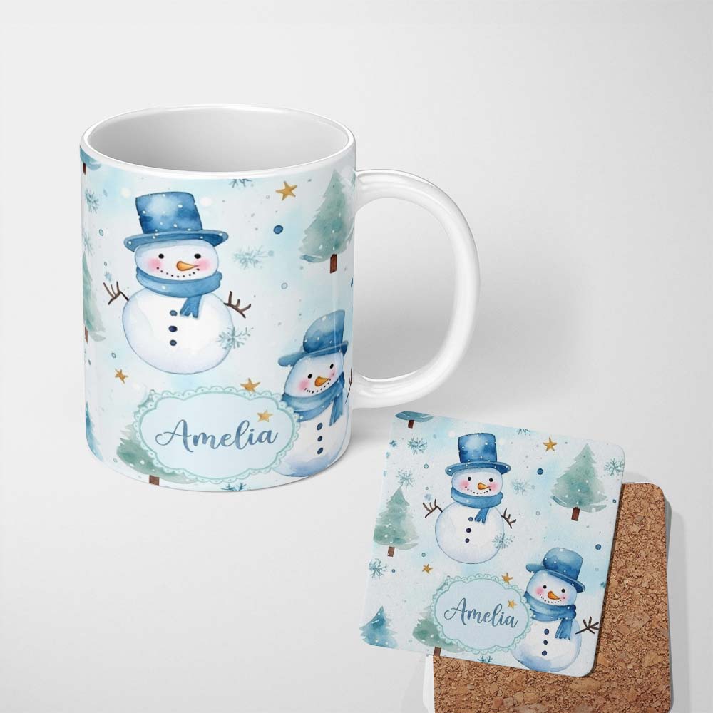Personalized Custom Name Cute Snowman Winter Snowflake Blue Holiday Seamless Pattern Lovely 11oz Ceramic Coffee Tea Mug White Large Handle