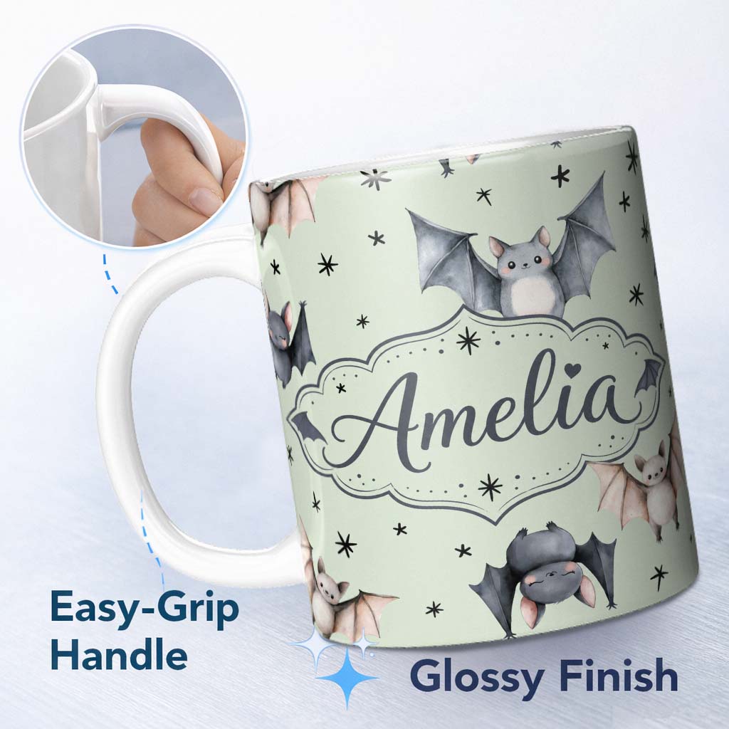 Personalized Custom Name Cute Watercolor Bats and Stars Seamless Pattern Soft Green Lovely 11oz Ceramic Coffee Tea Mug White Large Handle