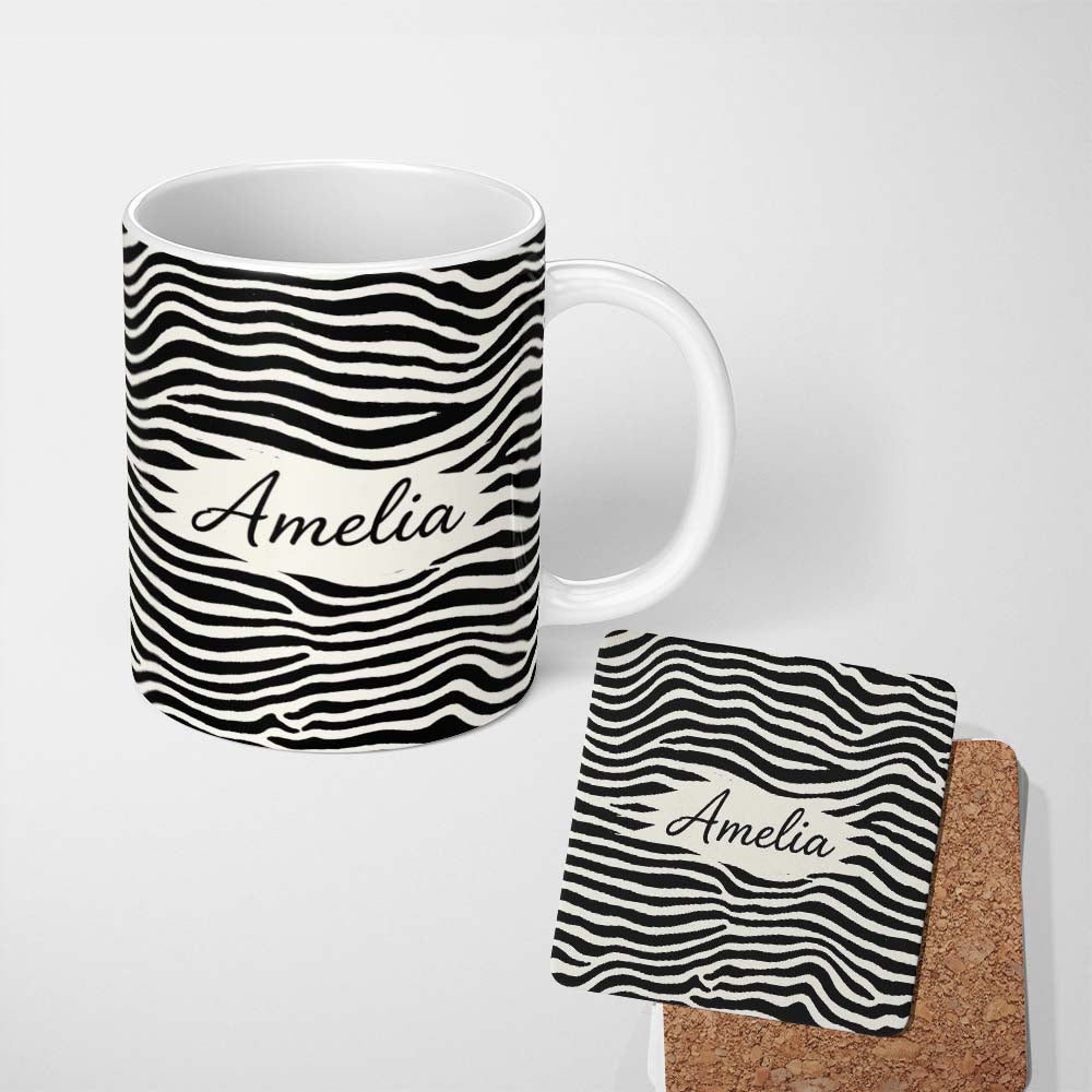 Personalized Custom Name Organic Terrazzo Shapes Black Beige Modern Abstract Pattern Lovely 11oz Ceramic Coffee Tea Mug White Large Handle