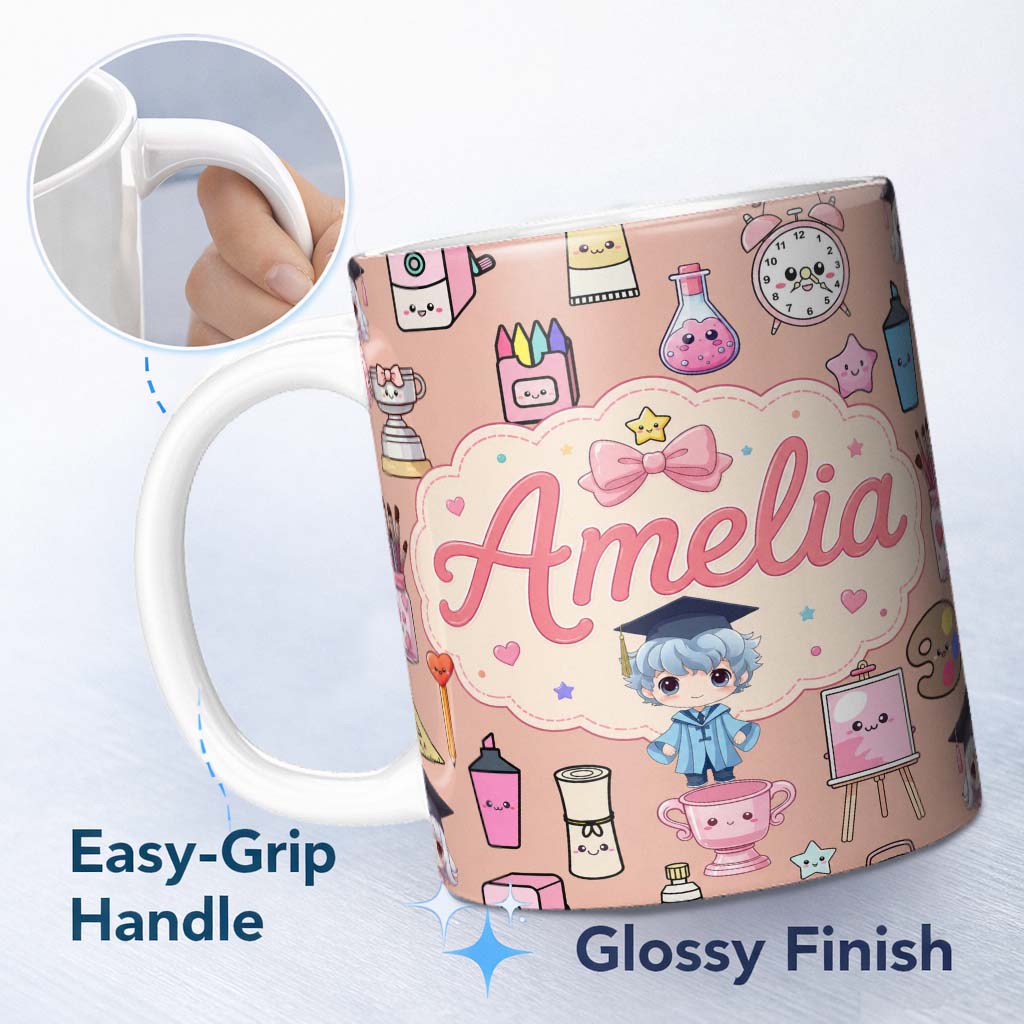 Personalized Custom Name Cute Kawaii Graduate Boy Science Art Supplies Seamless Pattern Peach 11oz Ceramic Coffee Tea Mug White Large Handle