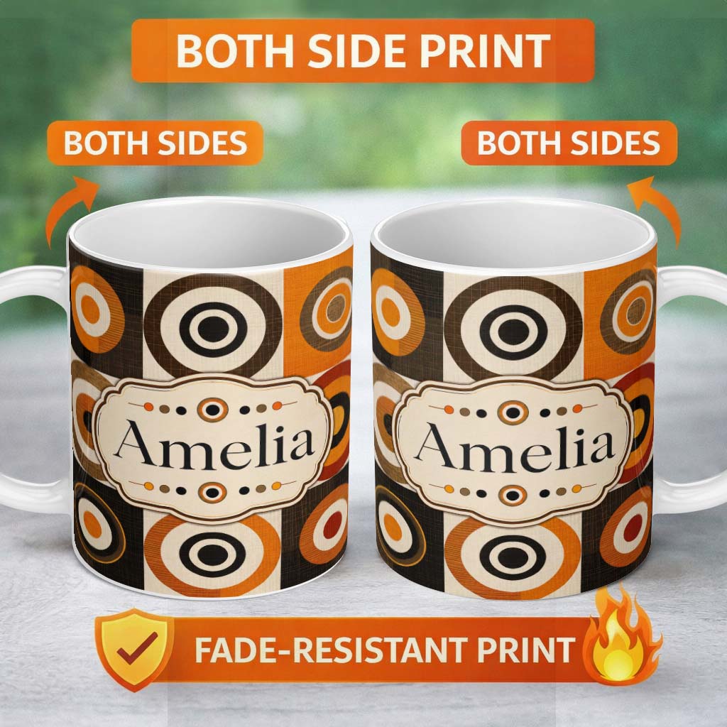 Personalized Custom Name Concentric Circle Pattern in Orange Brown and Cream Cute Unique Gift 11oz Ceramic Coffee Tea Mug White Large Handle