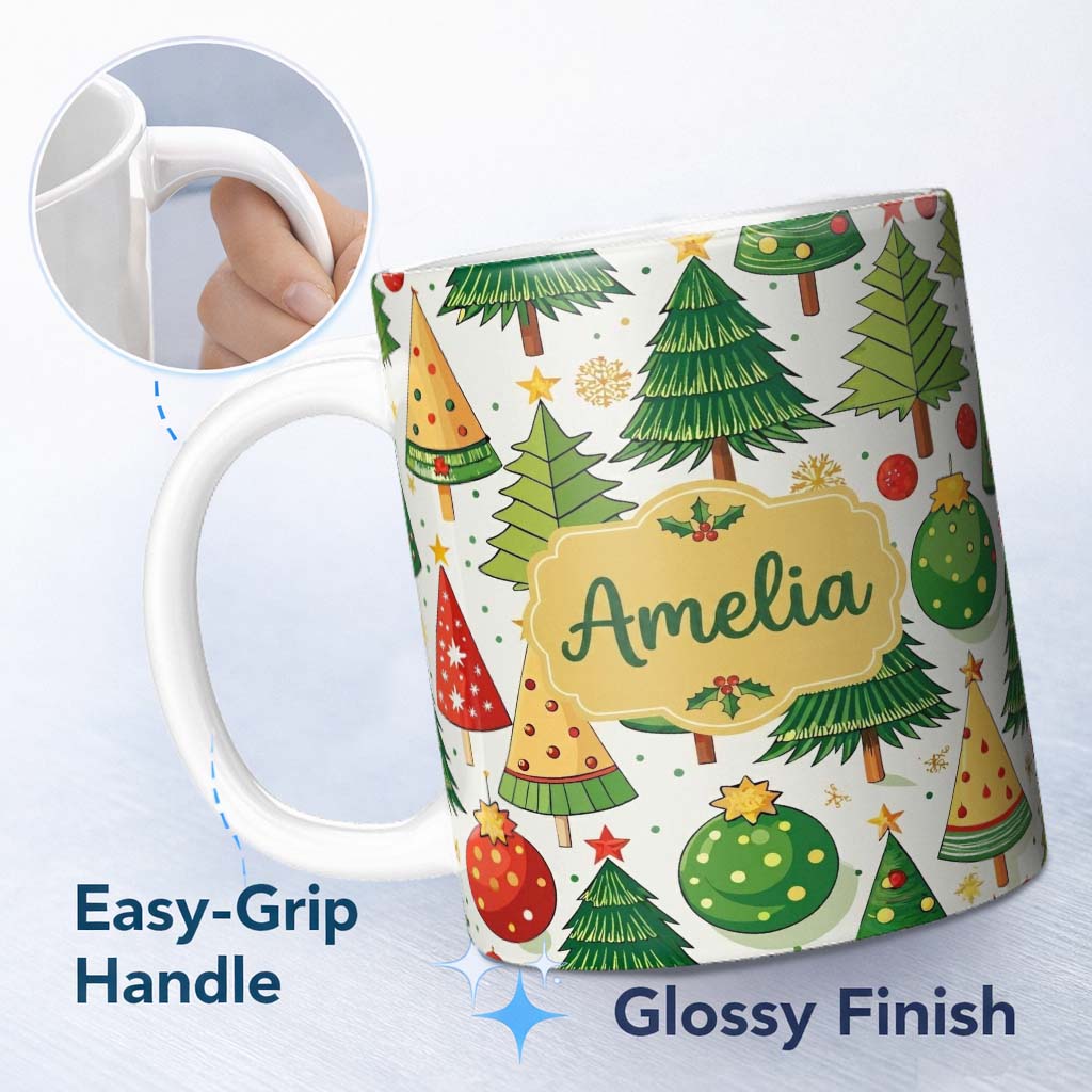 Personalized Custom Name Whimsical Christmas Trees with Baubles Ornaments and Snowflakes 11oz Ceramic Coffee Tea Mug White Large Handle