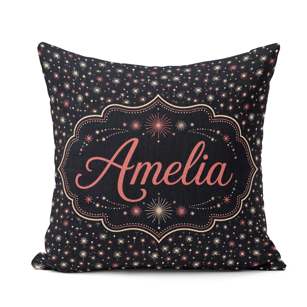 Custom Name Pink White Firework Sparkle Seamless Sky Celebration Square Filled Cushion Throw Pillow Sofa Bed Home Decor Zip Washable UK Made