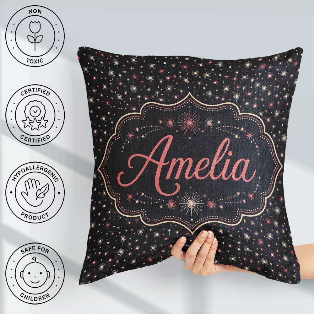 Custom Name Pink White Firework Sparkle Seamless Sky Celebration Square Filled Cushion Throw Pillow Sofa Bed Home Decor Zip Washable UK Made