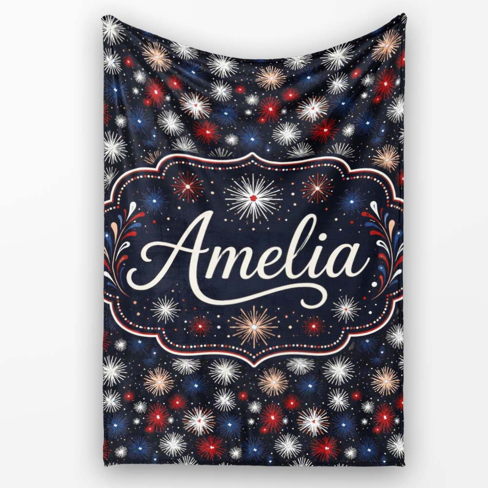 Classic Red White Blue Fireworks Seamless Pattern Patriotic Personalised Custom Name Super Soft Fleece Blanket Bed Sofa Throw