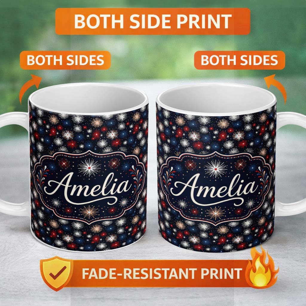 Personalized Custom Name Classic Red White Blue Fireworks Seamless Pattern Patriotic 11oz Ceramic Coffee Tea Mug White Large Handle