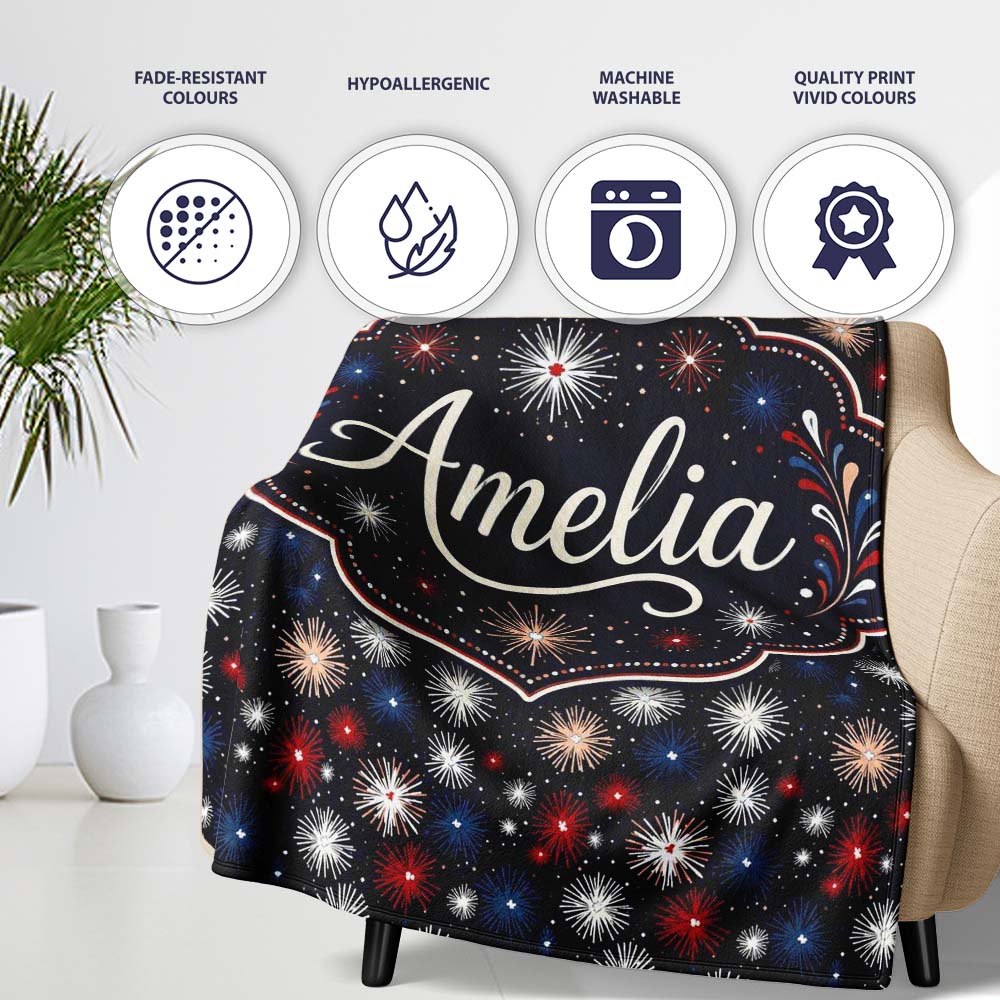 Classic Red White Blue Fireworks Seamless Pattern Patriotic Personalised Custom Name Super Soft Fleece Blanket Bed Sofa Throw