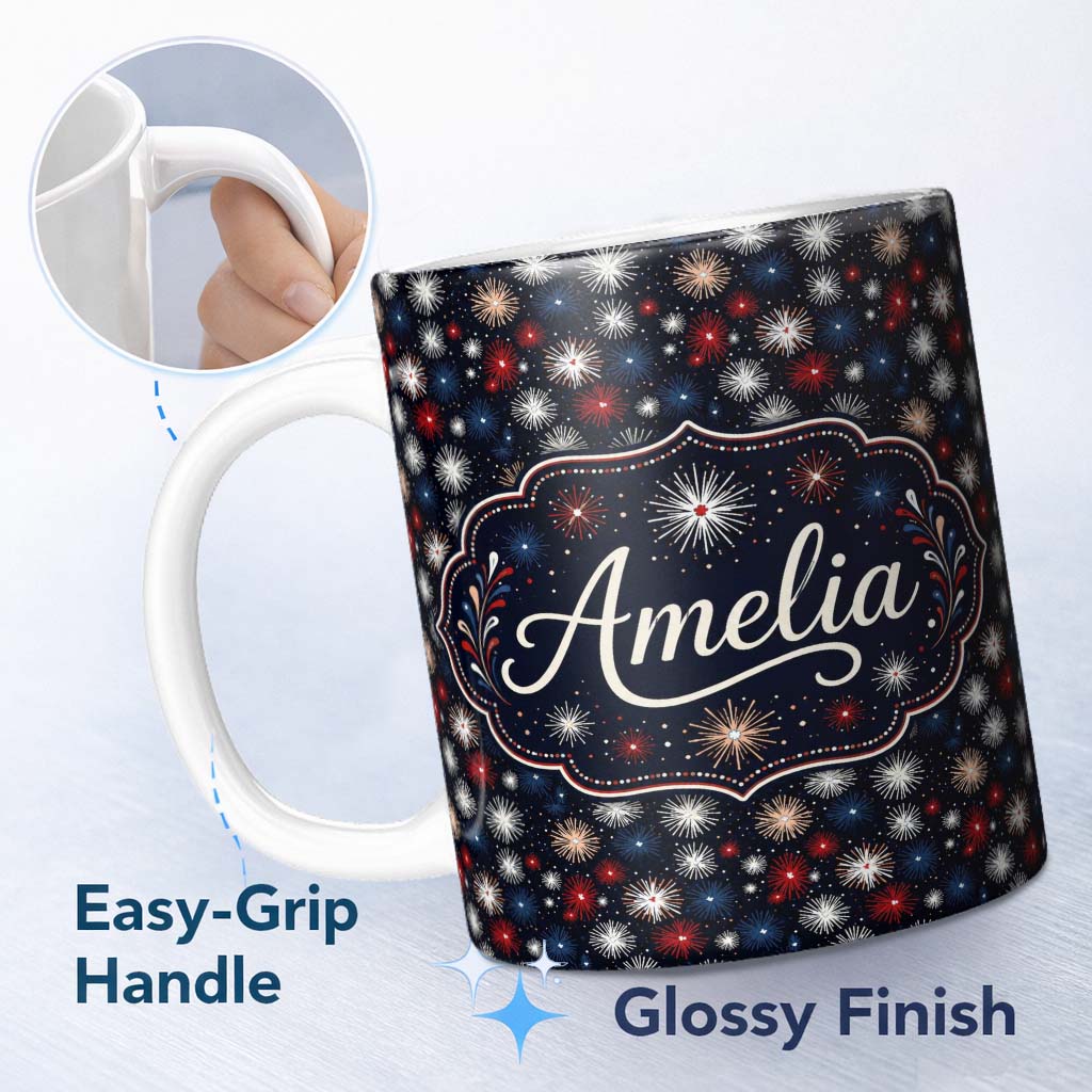 Personalized Custom Name Classic Red White Blue Fireworks Seamless Pattern Patriotic 11oz Ceramic Coffee Tea Mug White Large Handle