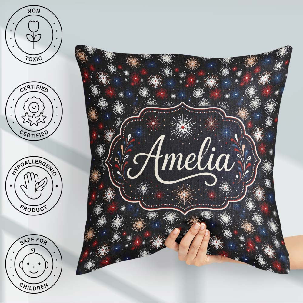 Custom Name Classic Red White Blue Fireworks Seamless Patriotic Square Filled Cushion Throw Pillow Sofa Bed Home Decor Zip Washable UK Made