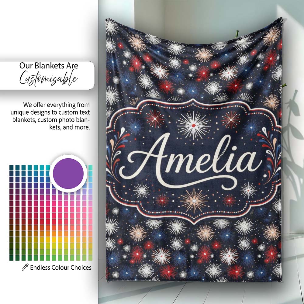 Classic Red White Blue Fireworks Seamless Pattern Patriotic Personalised Custom Name Super Soft Fleece Blanket Bed Sofa Throw