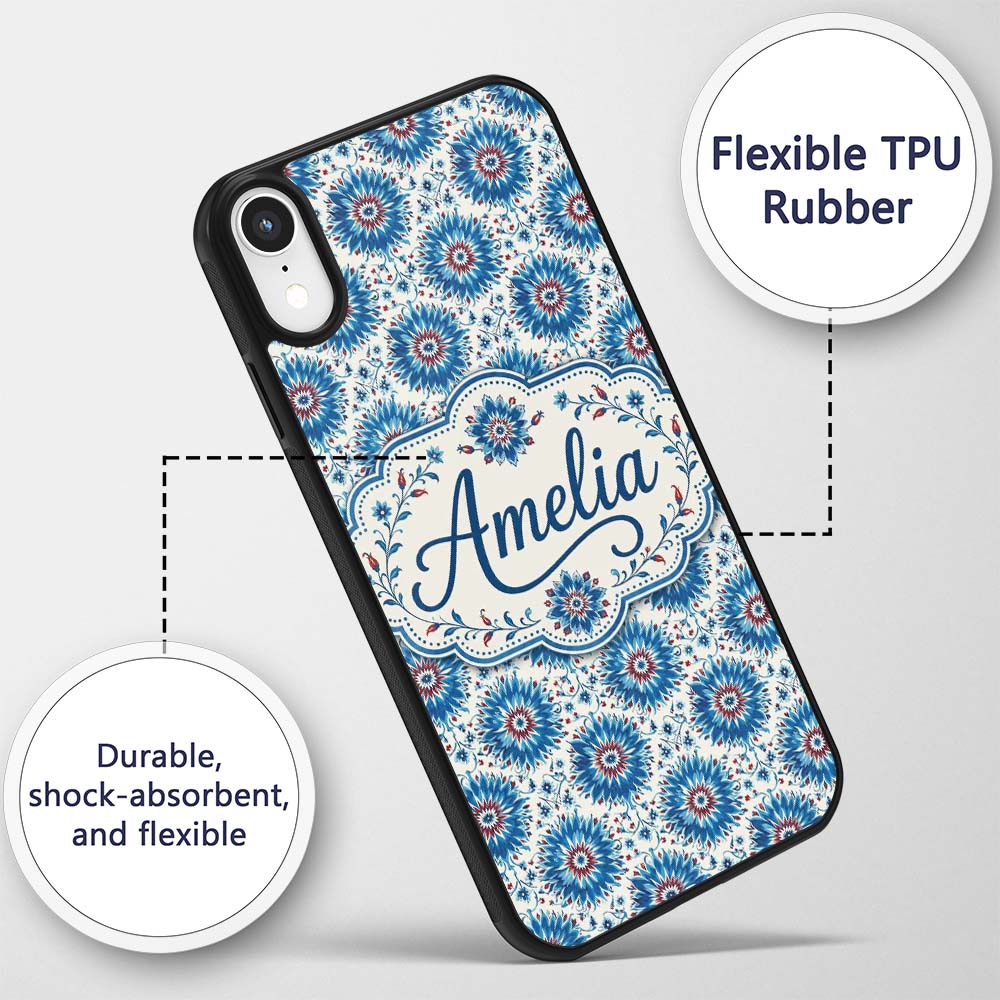 Blue Floral Starburst Mandala Seamless Pattern Custom Name Protective Phone Case Mobile Cover Durable Everyday Smartphone Shock Resistant