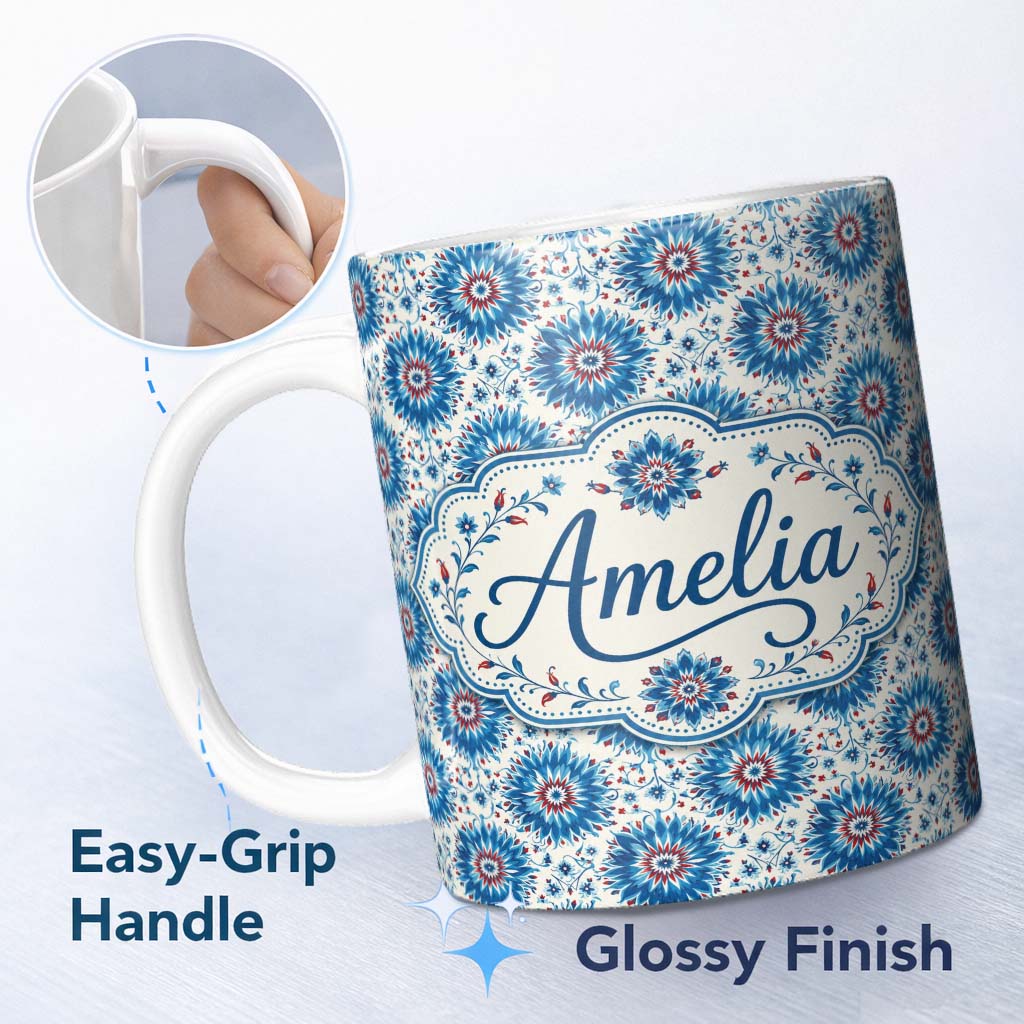Personalized Custom Name Blue Floral Starburst Mandala Seamless Pattern Decorative Tile 11oz Ceramic Coffee Tea Mug White Large Handle