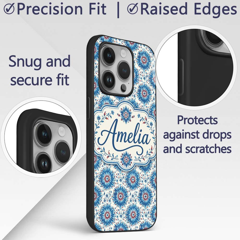 Blue Floral Starburst Mandala Seamless Pattern Custom Name Protective Phone Case Mobile Cover Durable Everyday Smartphone Shock Resistant