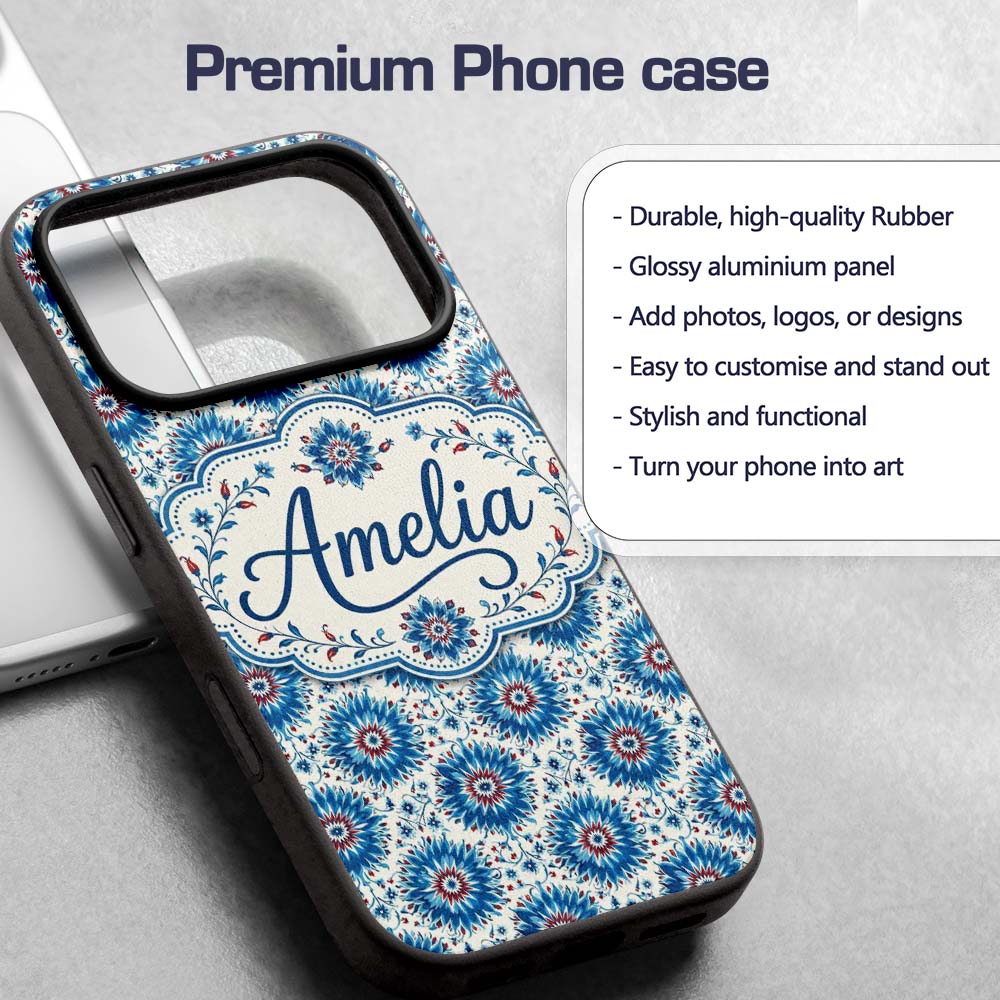 Blue Floral Starburst Mandala Seamless Pattern Custom Name Protective Phone Case Mobile Cover Durable Everyday Smartphone Shock Resistant