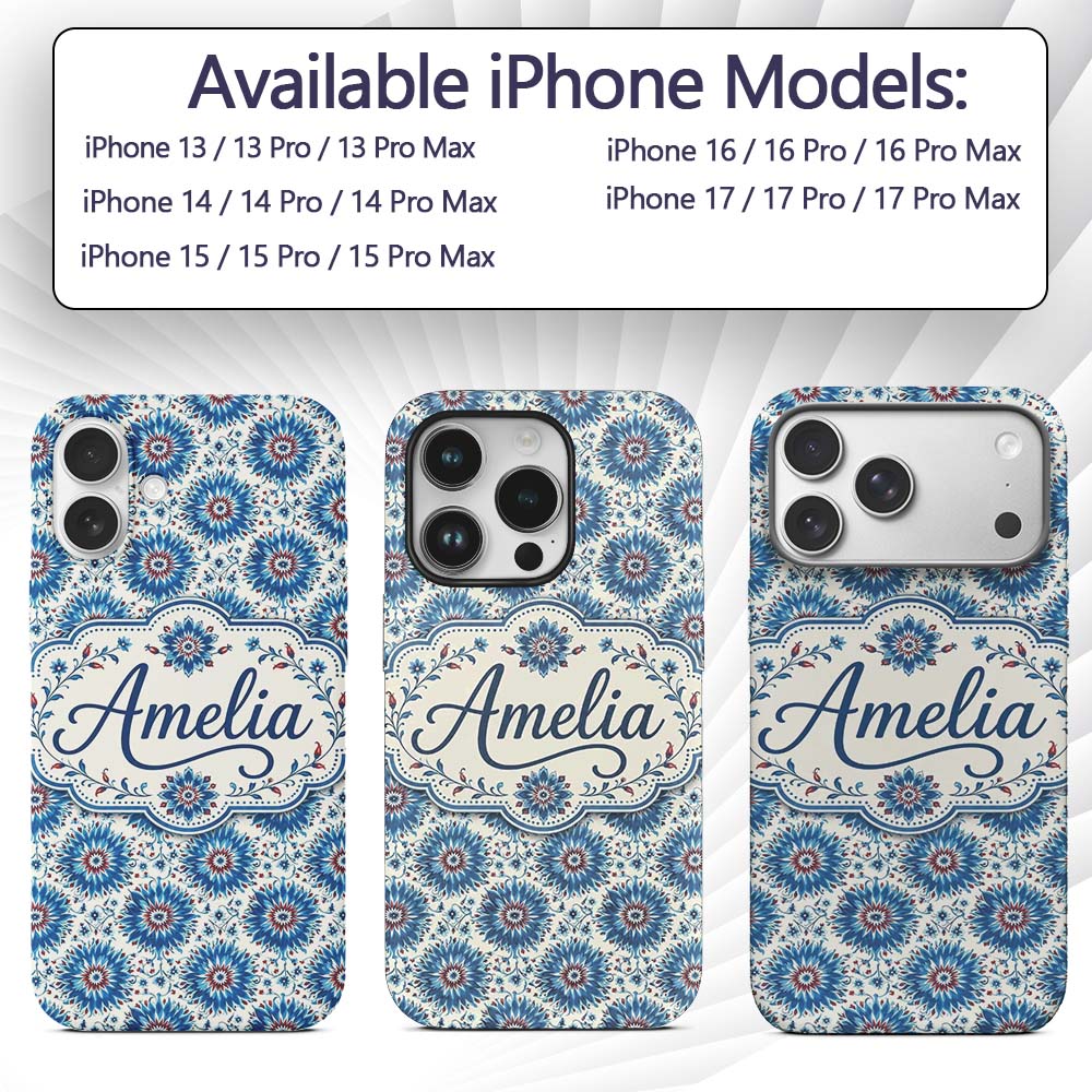 Blue Floral Starburst Mandala Seamless Pattern Custom Name Protective Phone Case Mobile Cover Durable Everyday Smartphone Shock Resistant