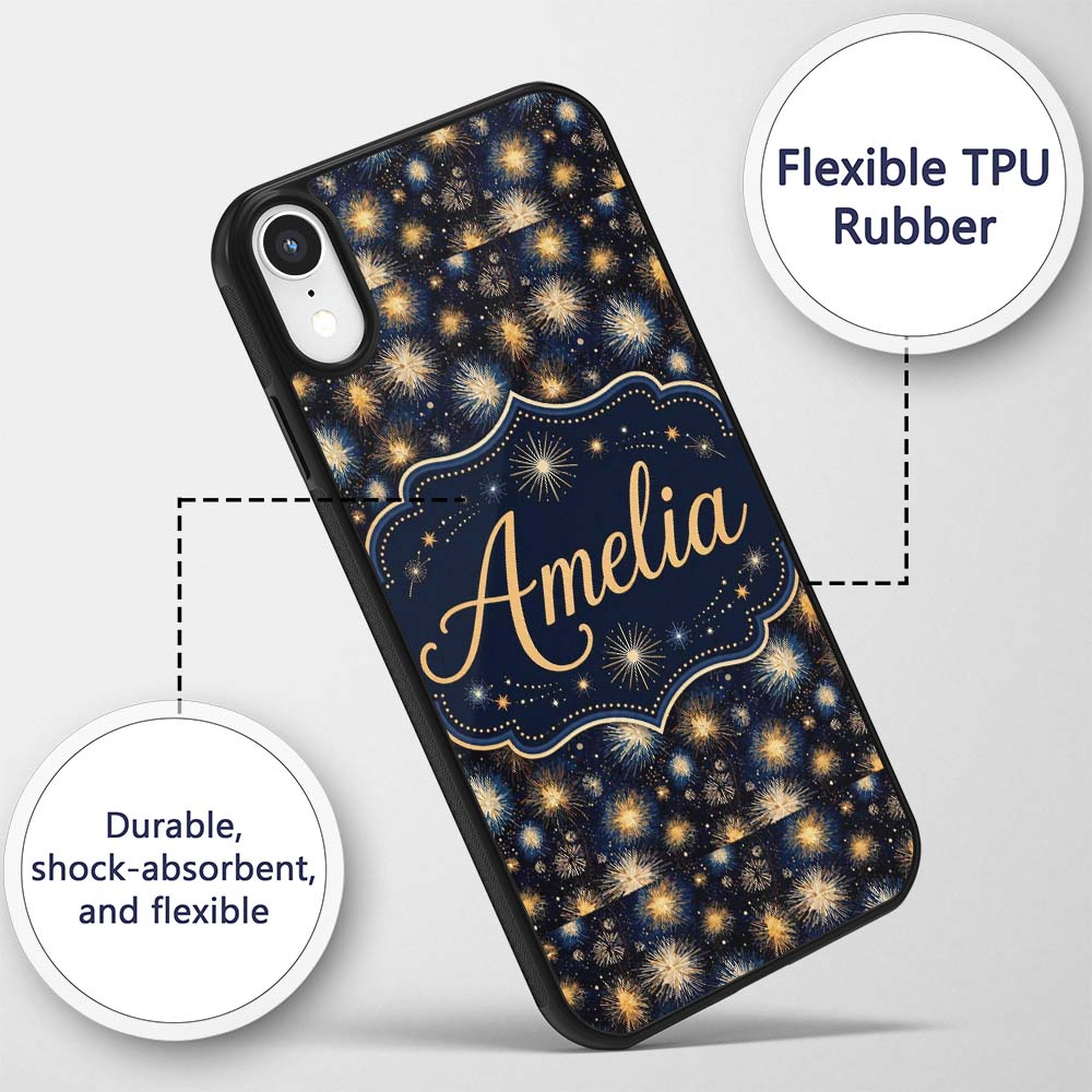 Golden Spark Fireworks Night Sky Seamless Pattern Custom Name Protective Phone Case Mobile Cover Durable Everyday Smartphone Shock Resistant
