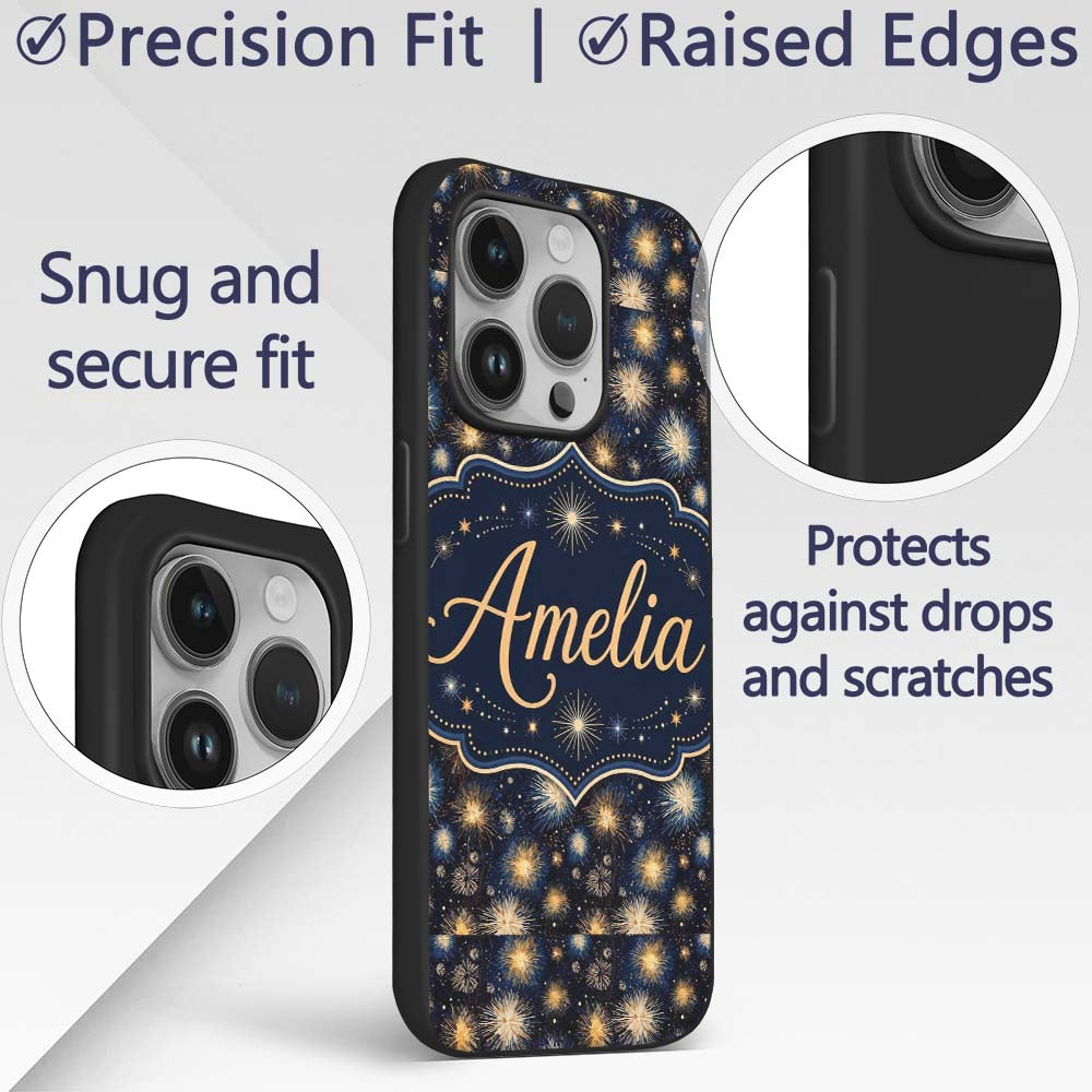 Golden Spark Fireworks Night Sky Seamless Pattern Custom Name Protective Phone Case Mobile Cover Durable Everyday Smartphone Shock Resistant