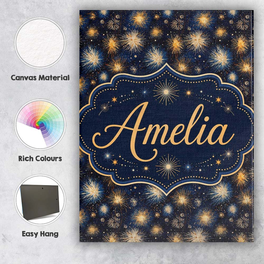 Personalised Name Golden Spark Fireworks Custom Unique Gift Idea Elegant Feature Canvas Wall Art Print Decor Picture Ready to Hang