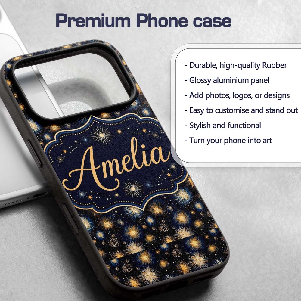 Golden Spark Fireworks Night Sky Seamless Pattern Custom Name Protective Phone Case Mobile Cover Durable Everyday Smartphone Shock Resistant
