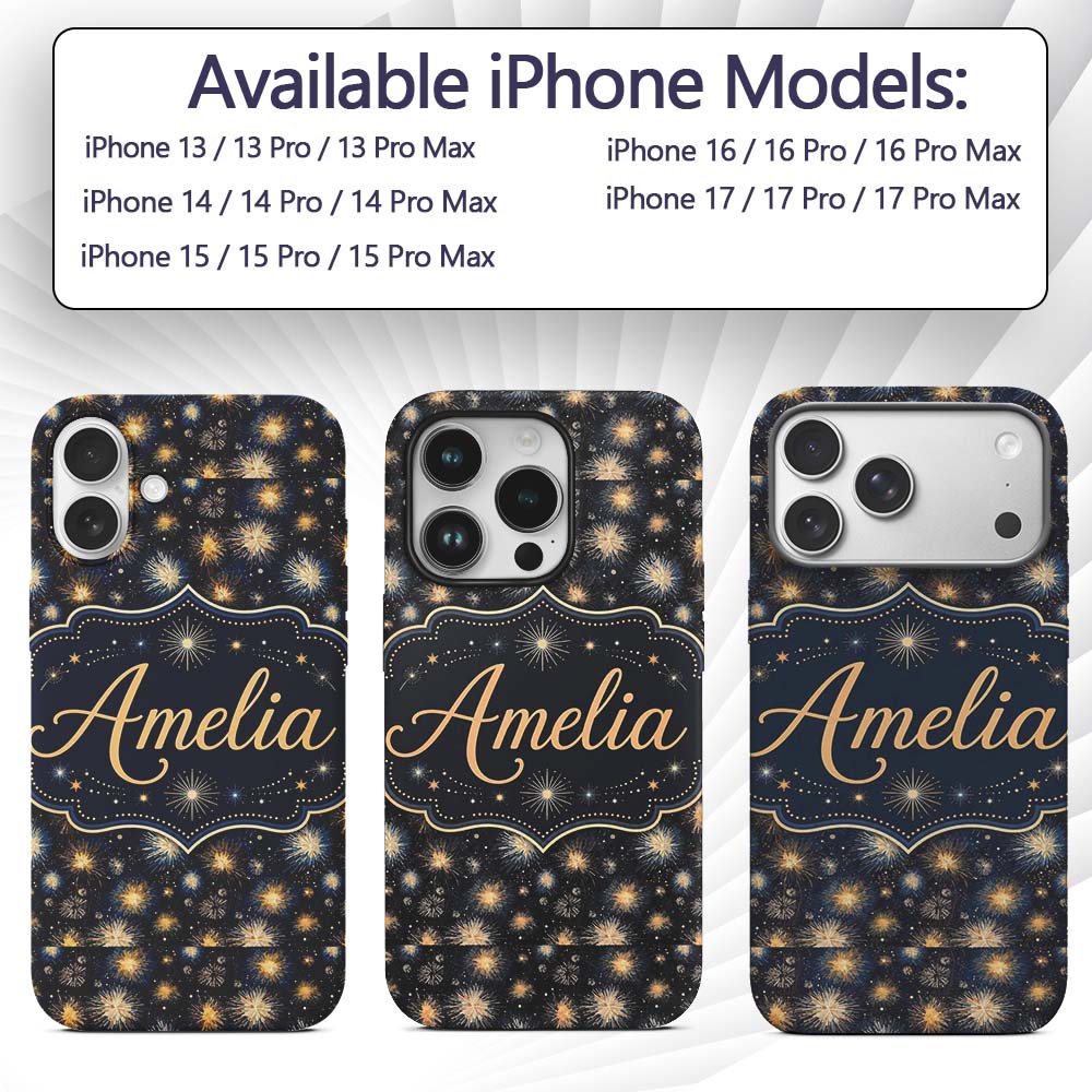 Golden Spark Fireworks Night Sky Seamless Pattern Custom Name Protective Phone Case Mobile Cover Durable Everyday Smartphone Shock Resistant