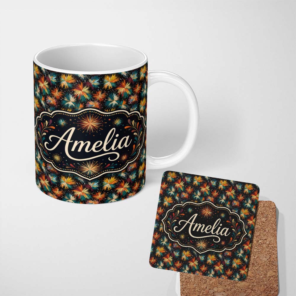 Personalized Custom Name Colorful Firework Burst Abstract Seamless Pattern Festive Night Sky 11oz Ceramic Coffee Tea Mug White Large Handle