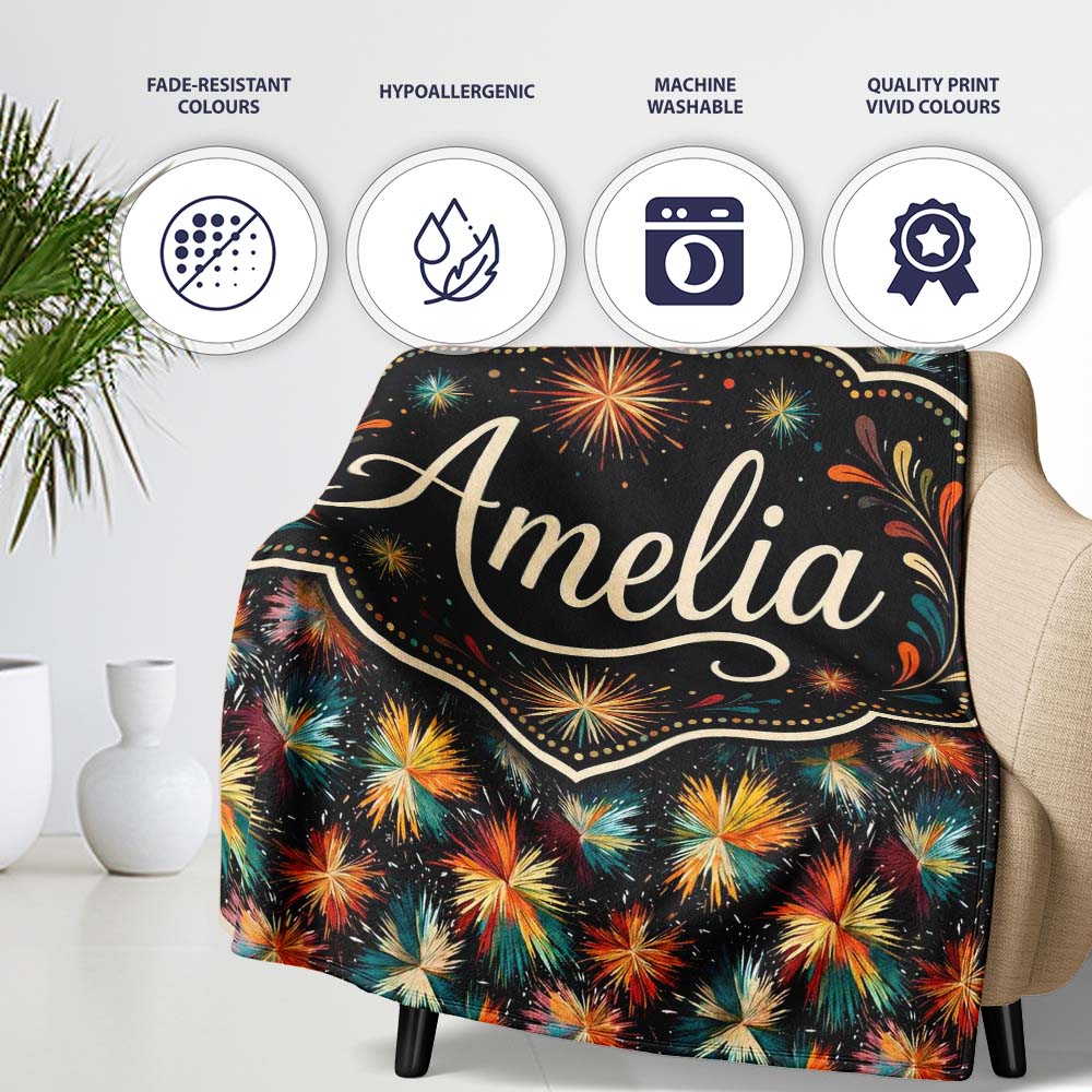 Colorful Firework Burst Abstract Seamless Pattern Festive Night Sky Personalised Custom Name Super Soft Fleece Blanket Bed Sofa Throw