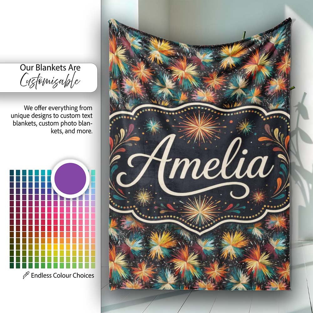 Colorful Firework Burst Abstract Seamless Pattern Festive Night Sky Personalised Custom Name Super Soft Fleece Blanket Bed Sofa Throw