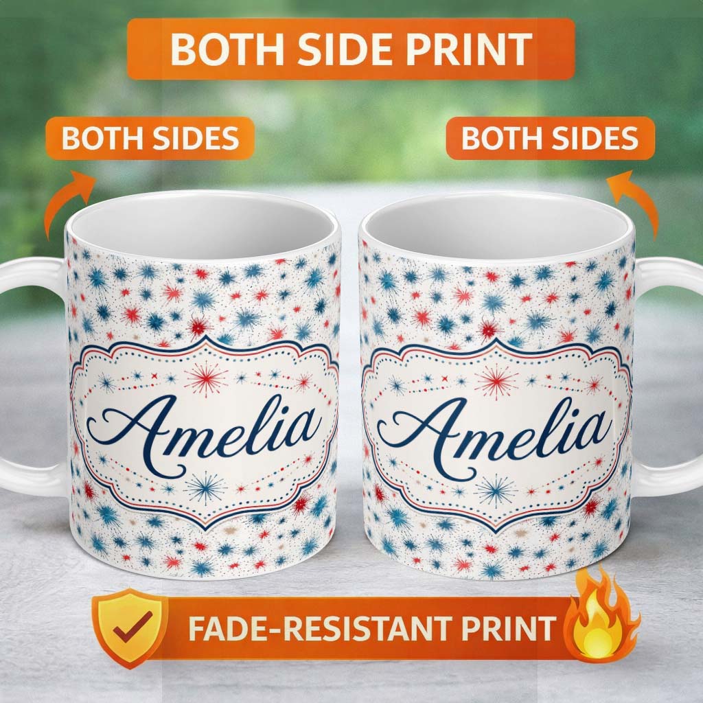 Personalized Custom Name Red Blue Starburst Firework Dots Seamless Celebration Pattern Name 11oz Ceramic Coffee Tea Mug White Large Handle