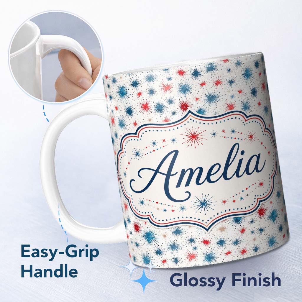 Personalized Custom Name Red Blue Starburst Firework Dots Seamless Celebration Pattern Name 11oz Ceramic Coffee Tea Mug White Large Handle