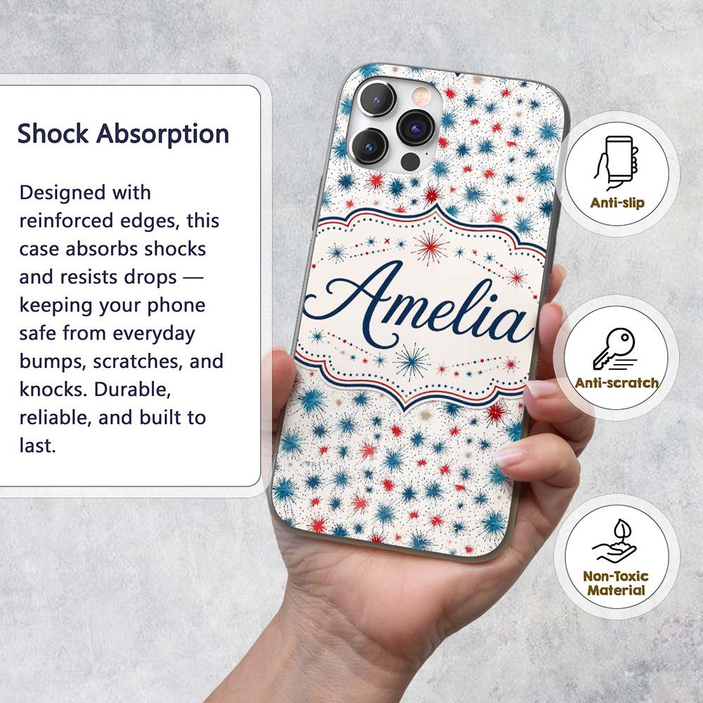 Red Blue Starburst Firework Dots Printed Design Custom Name Protective Phone Case Mobile Cover Durable Everyday Smartphone Shock Resistant
