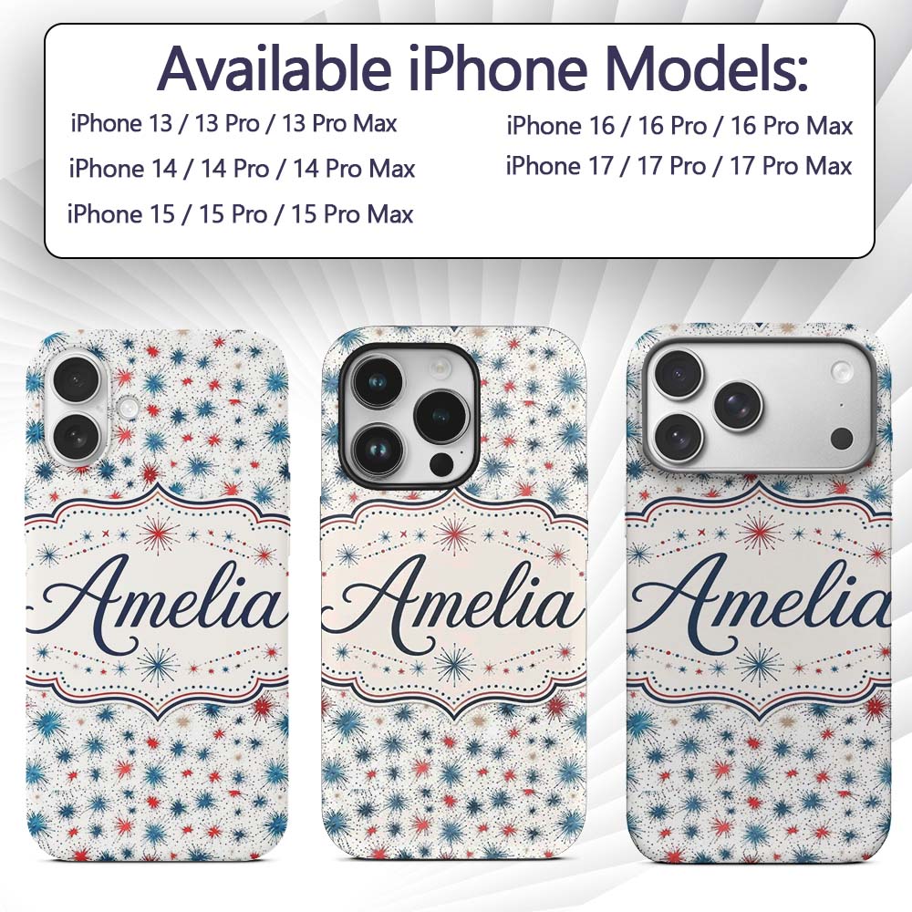 Red Blue Starburst Firework Dots Printed Design Custom Name Protective Phone Case Mobile Cover Durable Everyday Smartphone Shock Resistant
