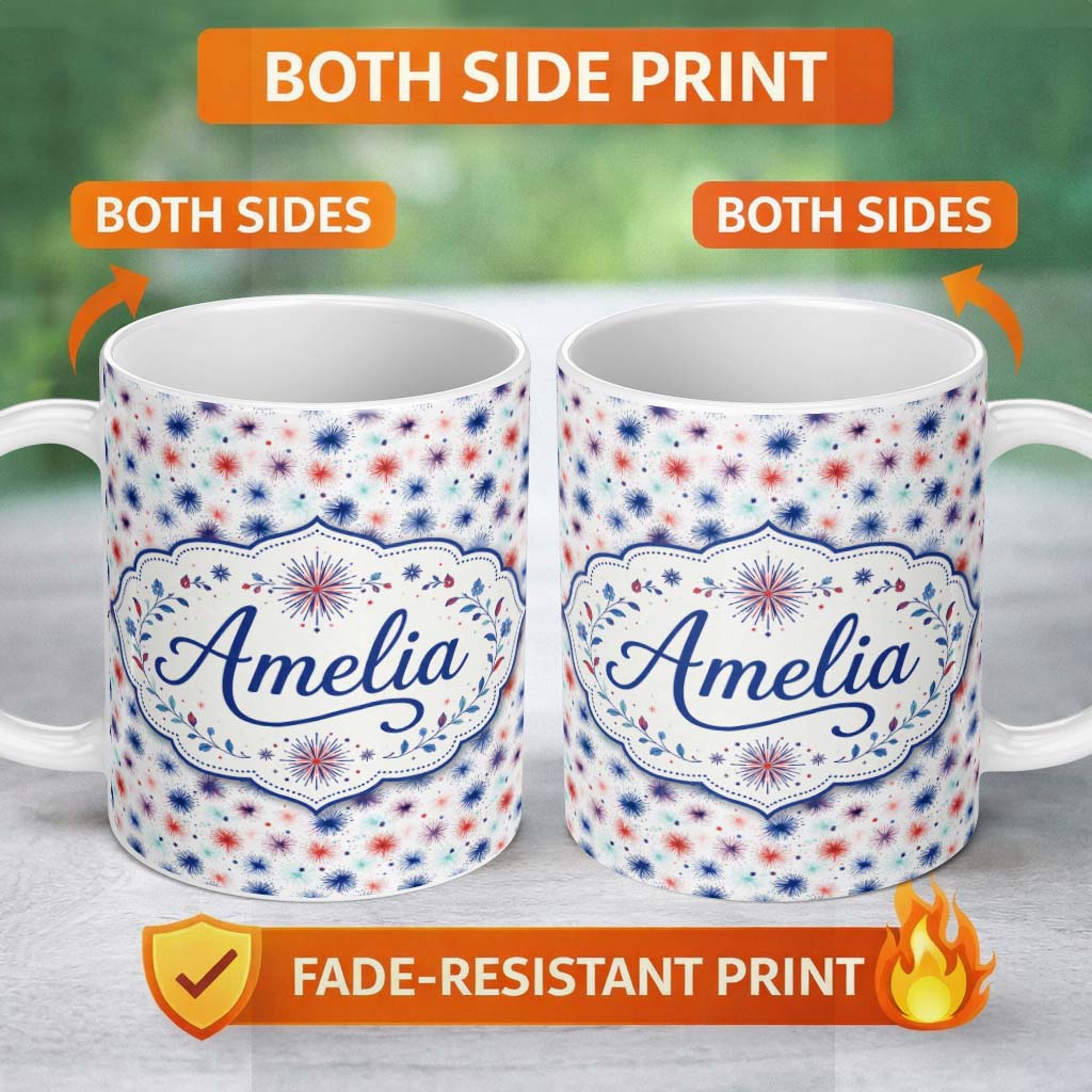 Personalized Custom Name Soft Pastel Firework Sparkle Seamless Pattern Light Festive Design 11oz Ceramic Coffee Tea Mug White Large Handle