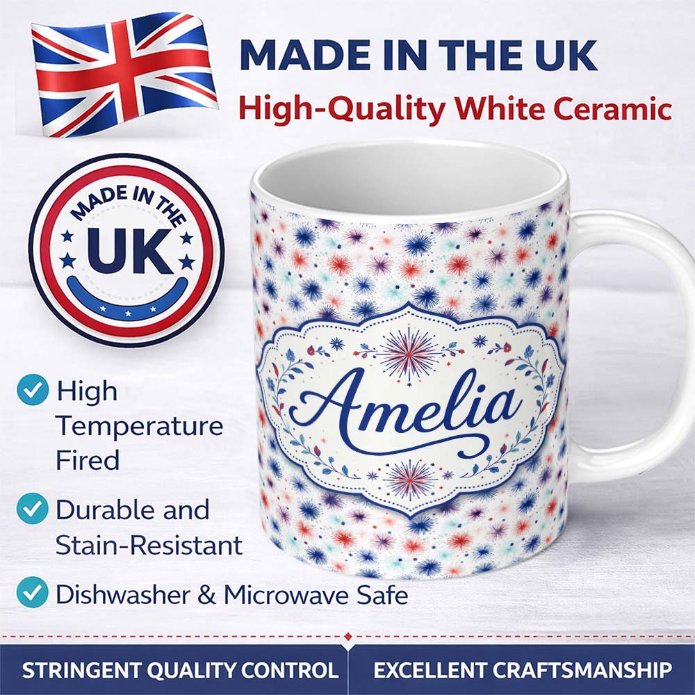 Personalized Custom Name Soft Pastel Firework Sparkle Seamless Pattern Light Festive Design 11oz Ceramic Coffee Tea Mug White Large Handle